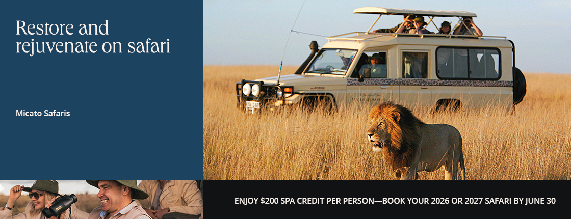 Restore and rejuvenate on safari with Micato Safaris. Enjoy $200 spa credit per person—book your 2026 or 2027 safari by 6/30.